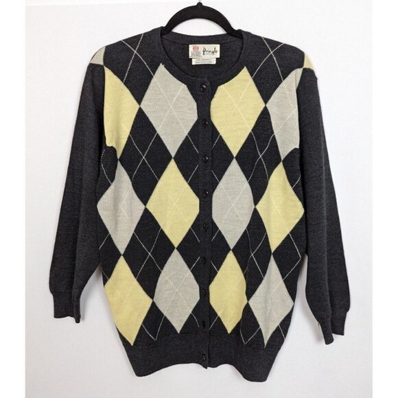 Vintage PRINGLE Scotland L Lambswool Argyle Diamond Checkered Sweater Cardigan - Picture 1 of 9